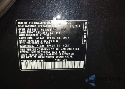 2018 Volkswagen Atlas 3.6L V6 Se W/Technology из США, поврежденный, VIN 1V2PR2CA4JC558582